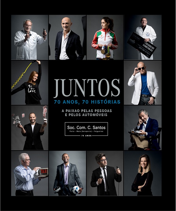 Capa do livro «Juntos — 70 Anos, 70 Histórias» da Sociedade Comercial C. Santos: mosaico de retratos sobre fundo preto