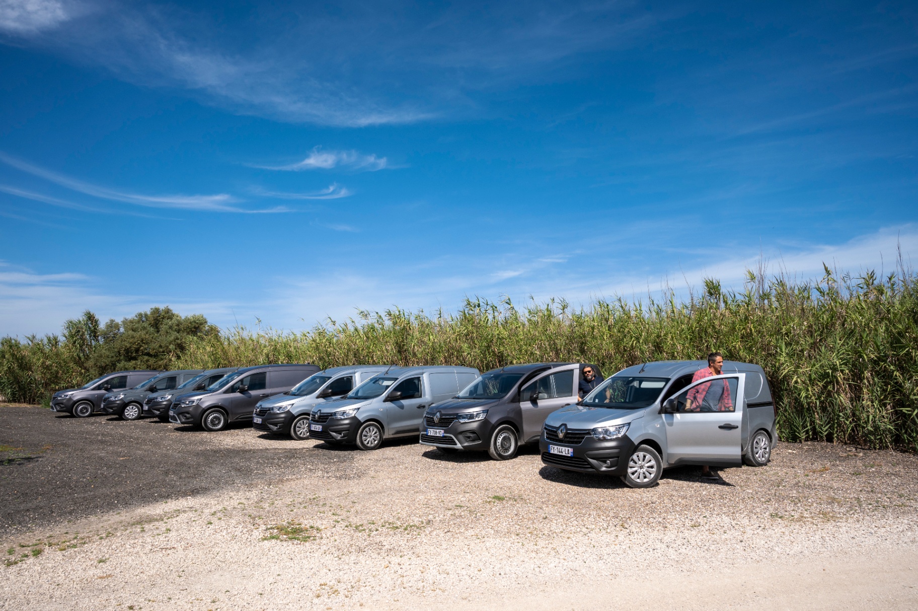 Frota de comerciais Renault alinhada junto a um canavial