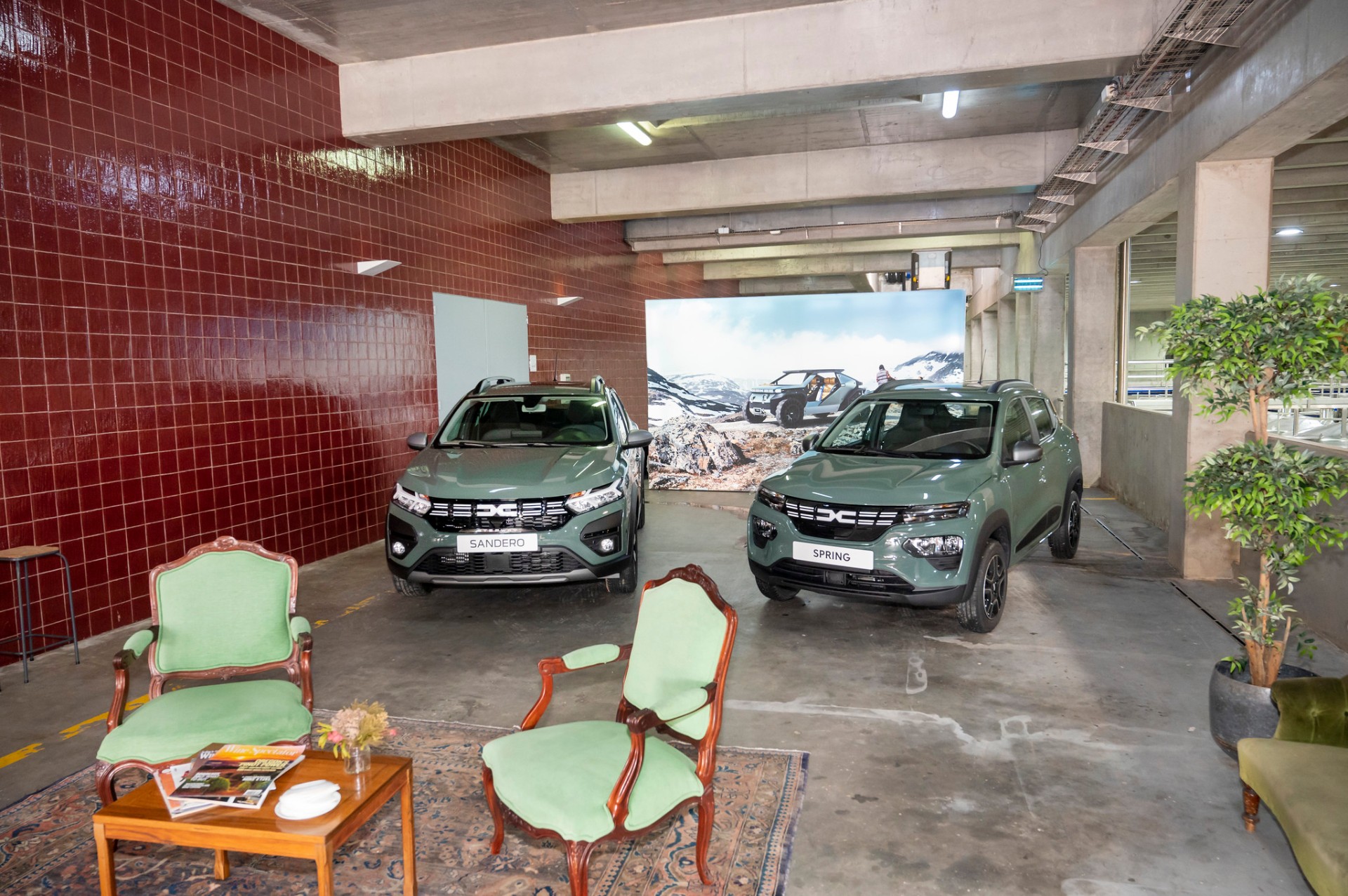 Dacia Sandero e Spring em tons de verde expostos no espaço da AdegaMãe