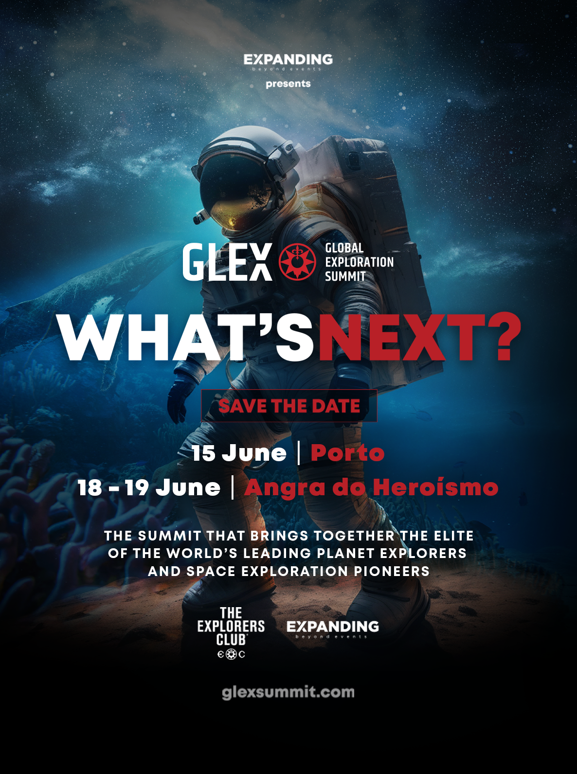 Banner ‘What’s Next?’ da GLEX Summit com astronauta, datas em Porto e Angra do Heroísmo