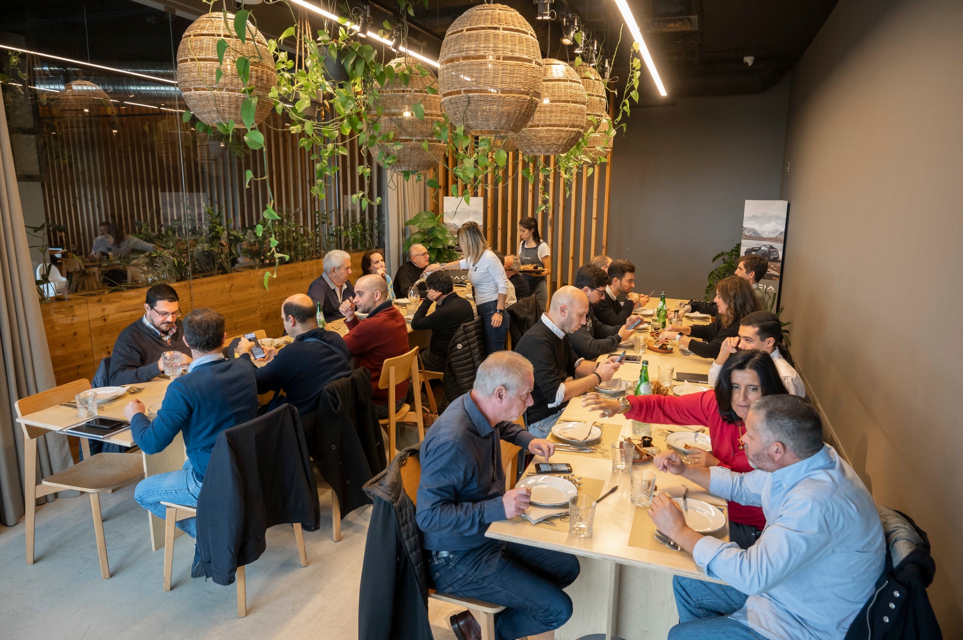 Almoço de grupo em restaurante contemporâneo após a apresentação de resultados Dacia